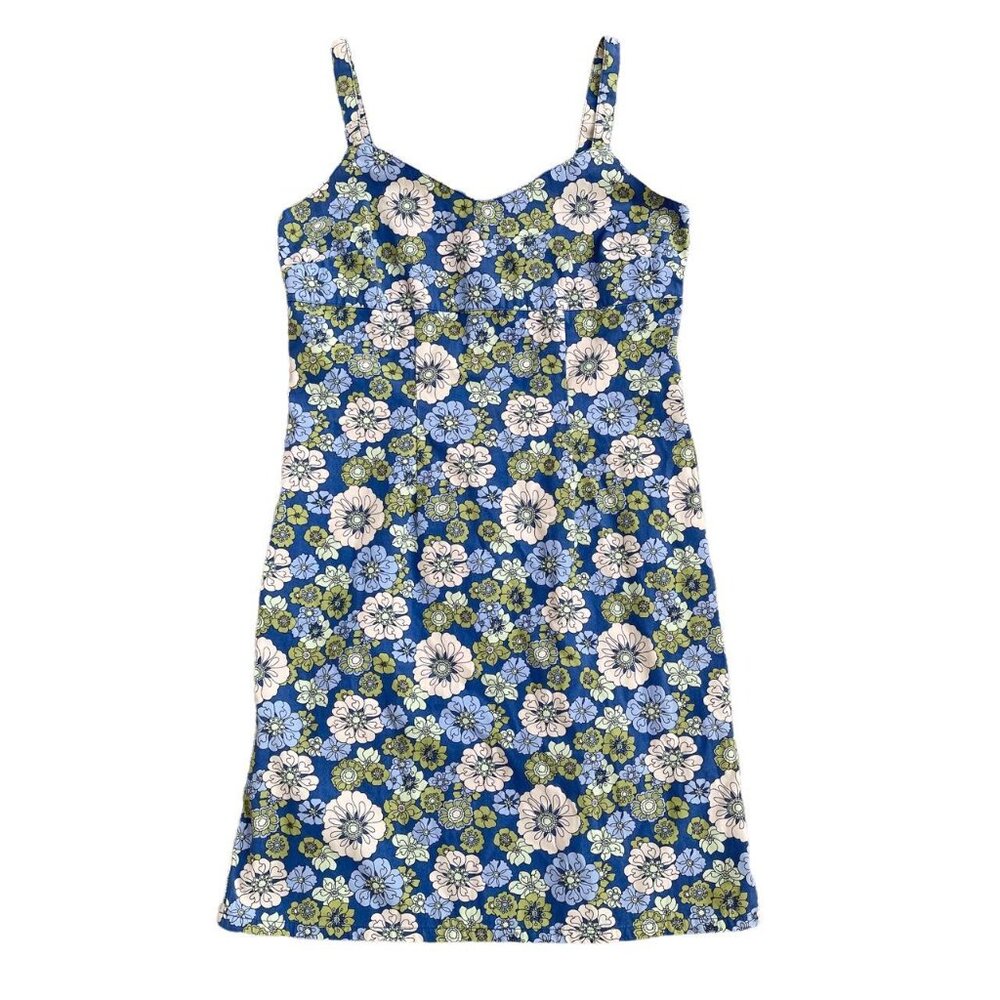 Y2K Old Navy 70s Floral V Neck Dress 100% Cotton Blue Green Pink Print Sz 6